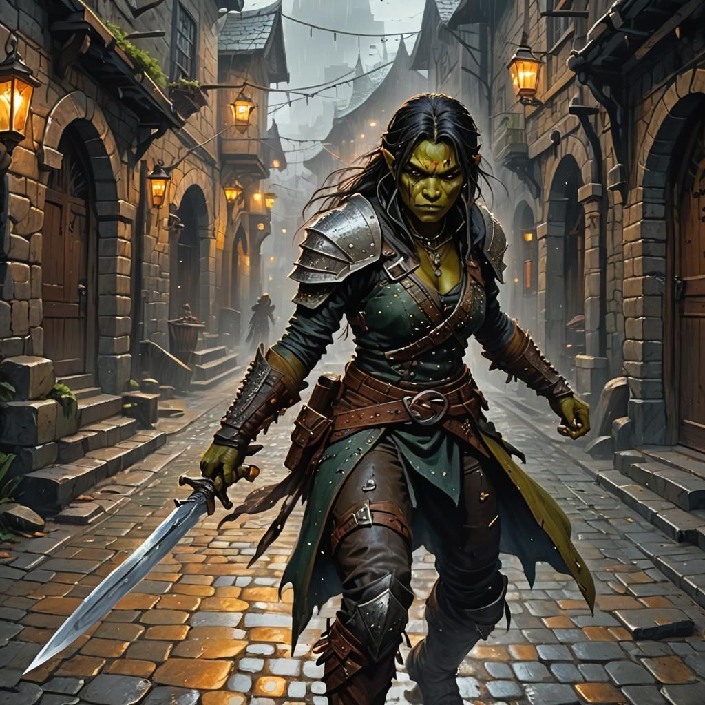 Half-Orc Rogue with Enchanted Sword, Dark Fantasy Art