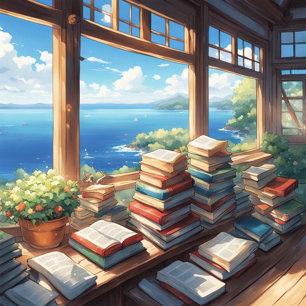 Cottage Bookshelf Overlooking Sea in Anime Style