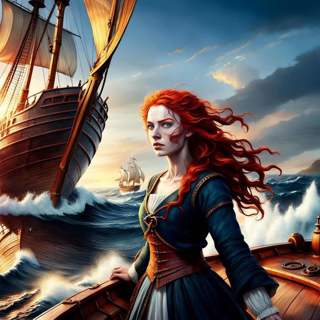 Red-Haired Girl on 14th-Century Ship, Digital Art