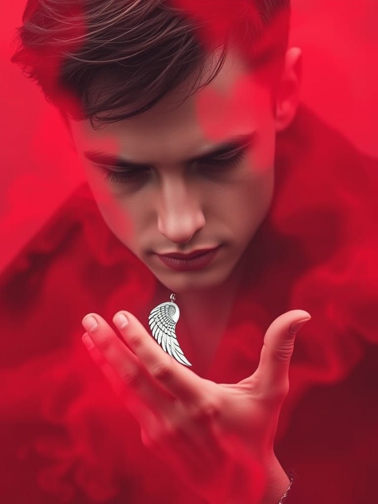Young Man Holds Silver Wing Pendant in Scarlet Fog