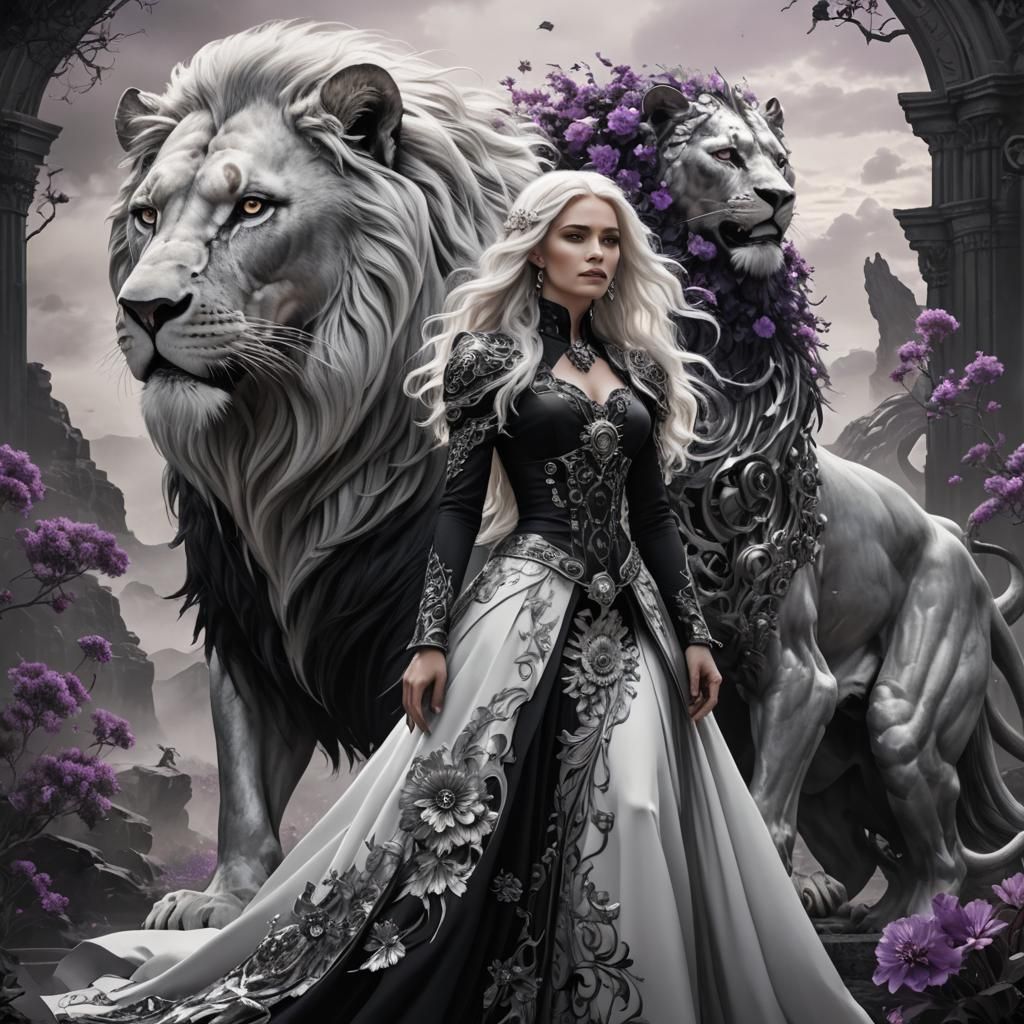Clockwork Lion and Silver-Haired Woman in Fantasy Art
