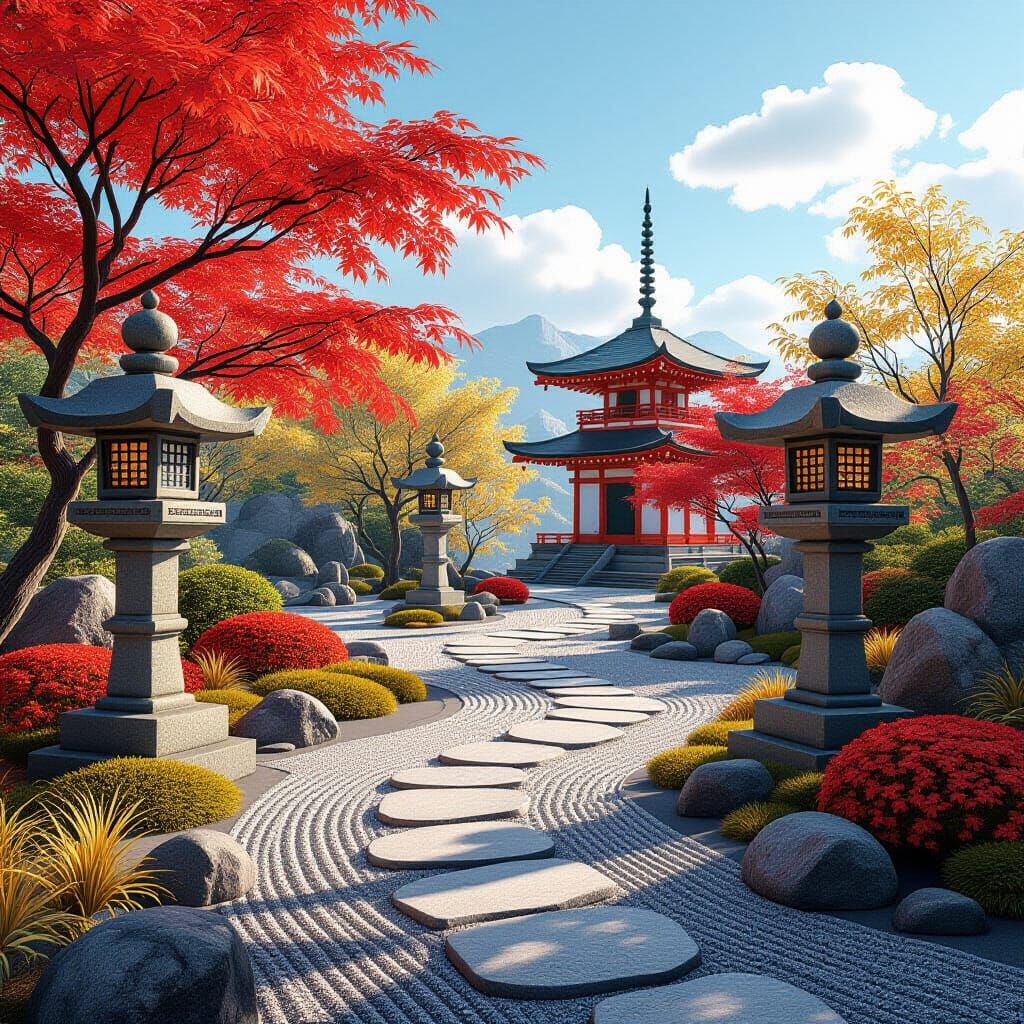 Serene Japanese Garden with Red Maples and Blue Skies