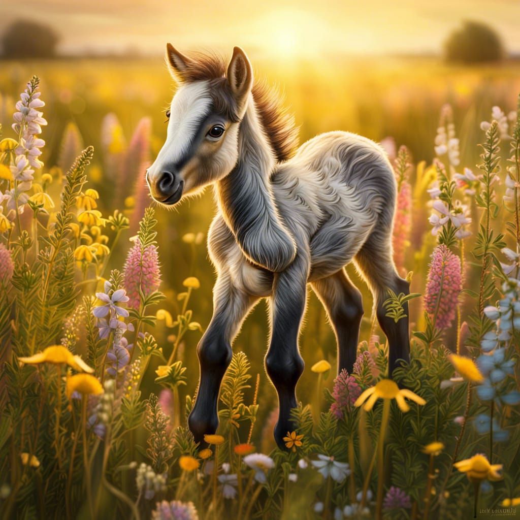 Adorable Foal in Wildflower Field at Golden Hour