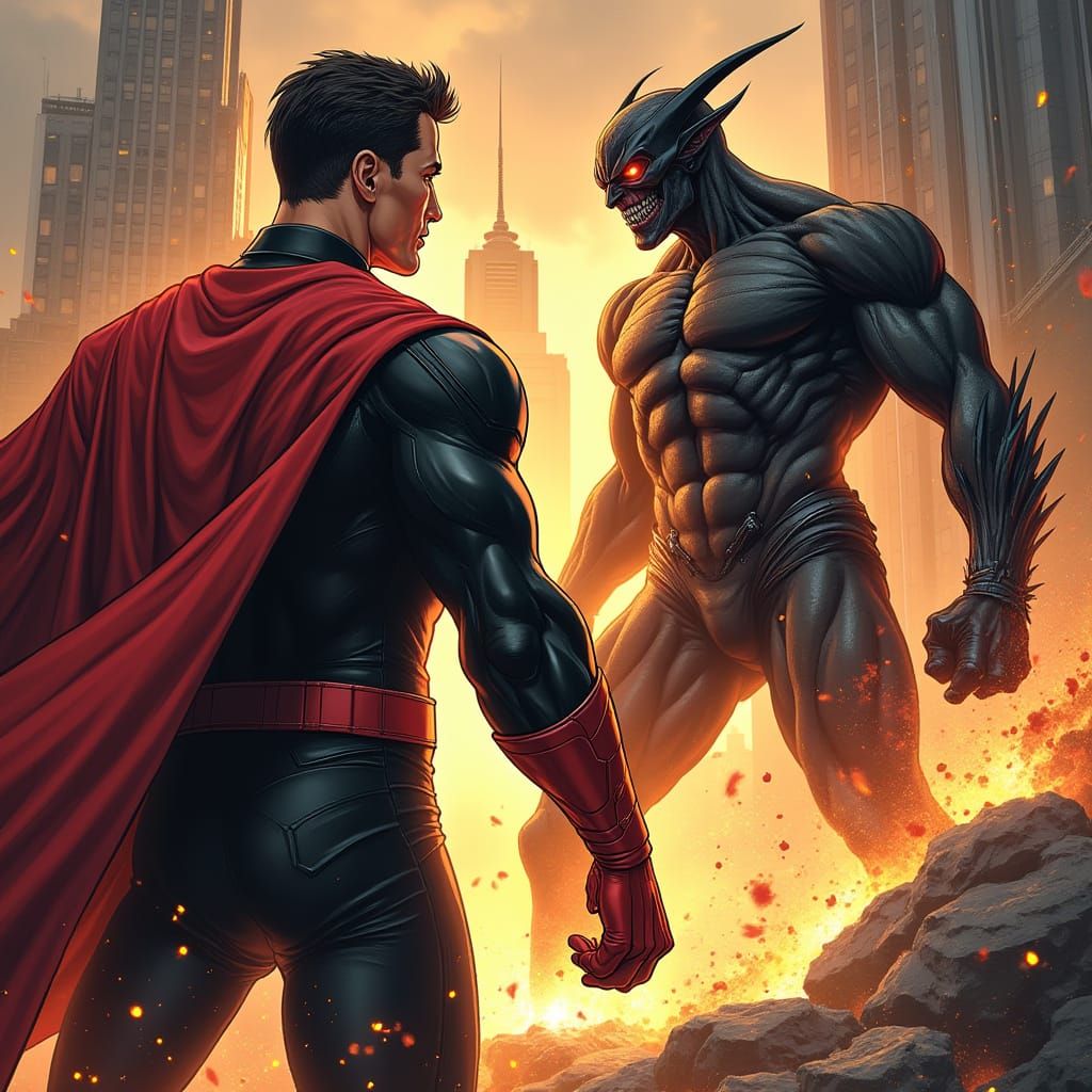 Heroic Male Superhero Battles Sinister Villain in Futuristic...