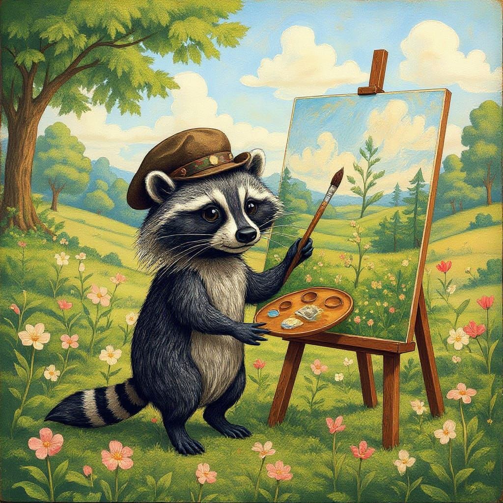 Raccoon Painter Captures Meadow in Impressionistic Style