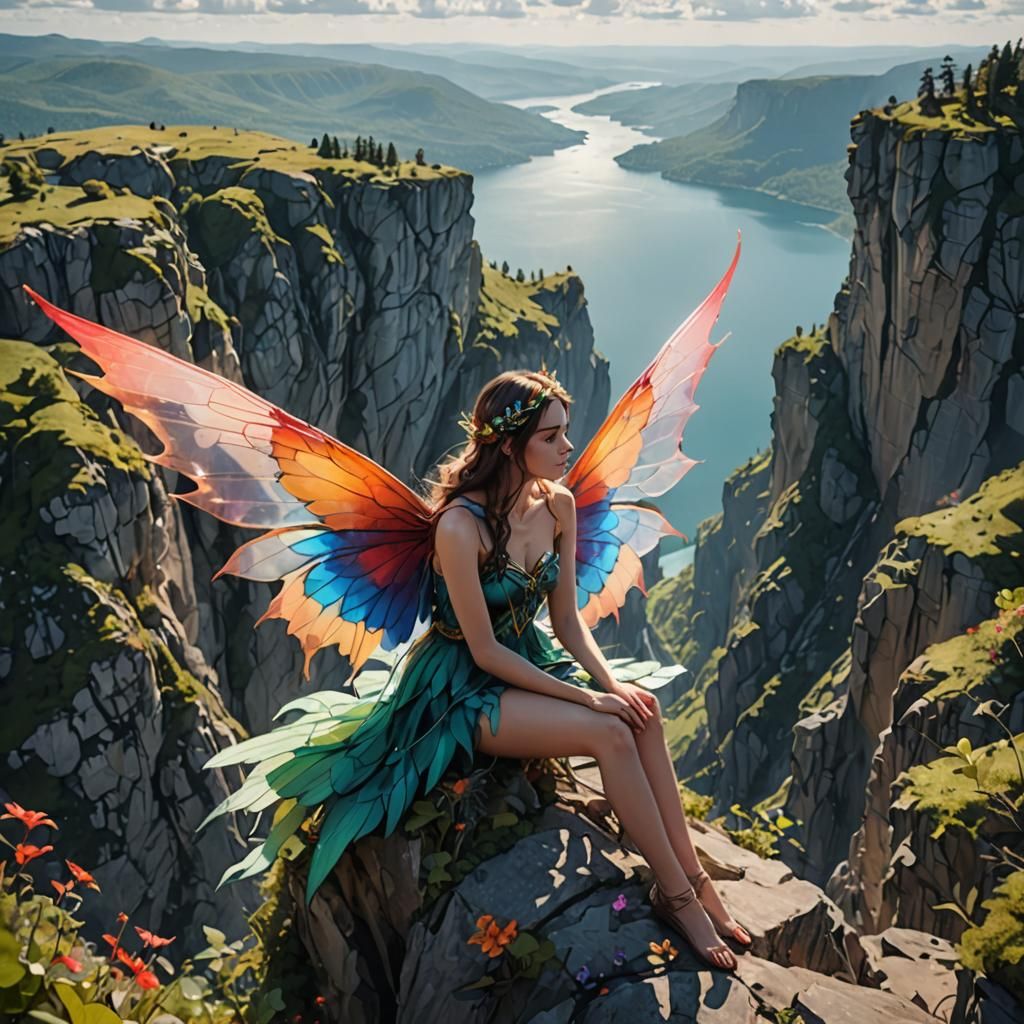 Scenic Mountain View with Young Fairy Girl