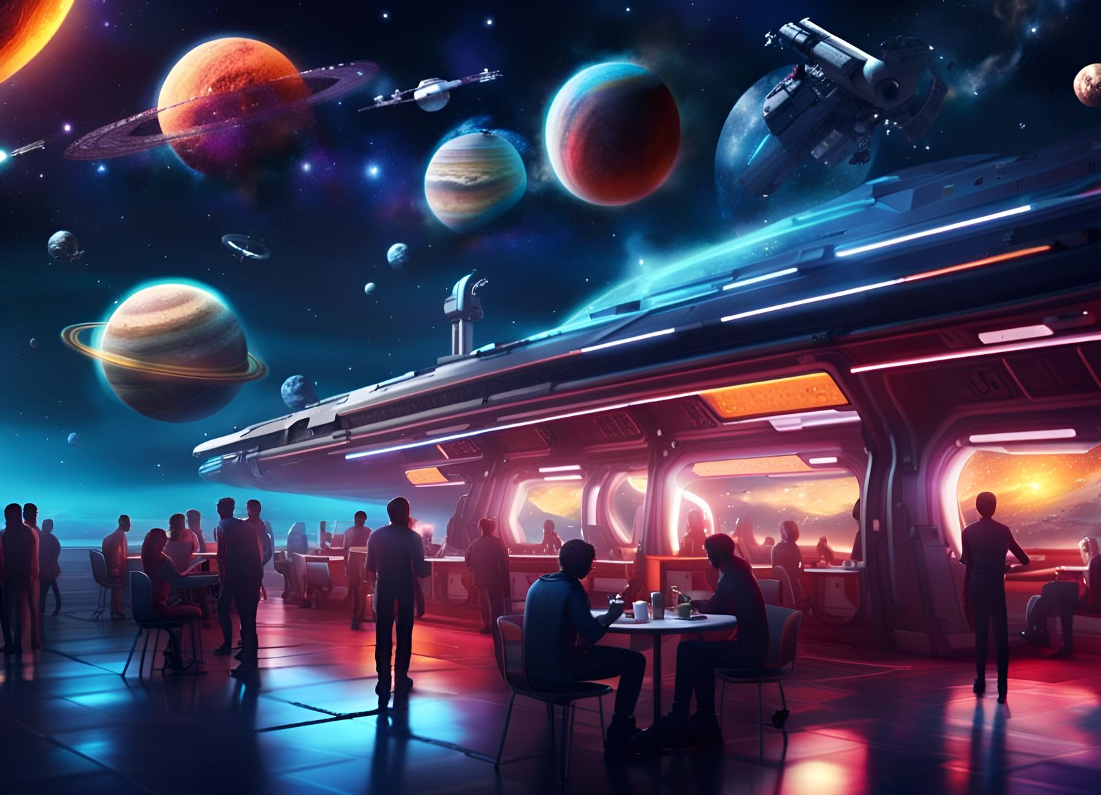 Busy Neon Cafe in Deep Space, Detailed Matte Painting
