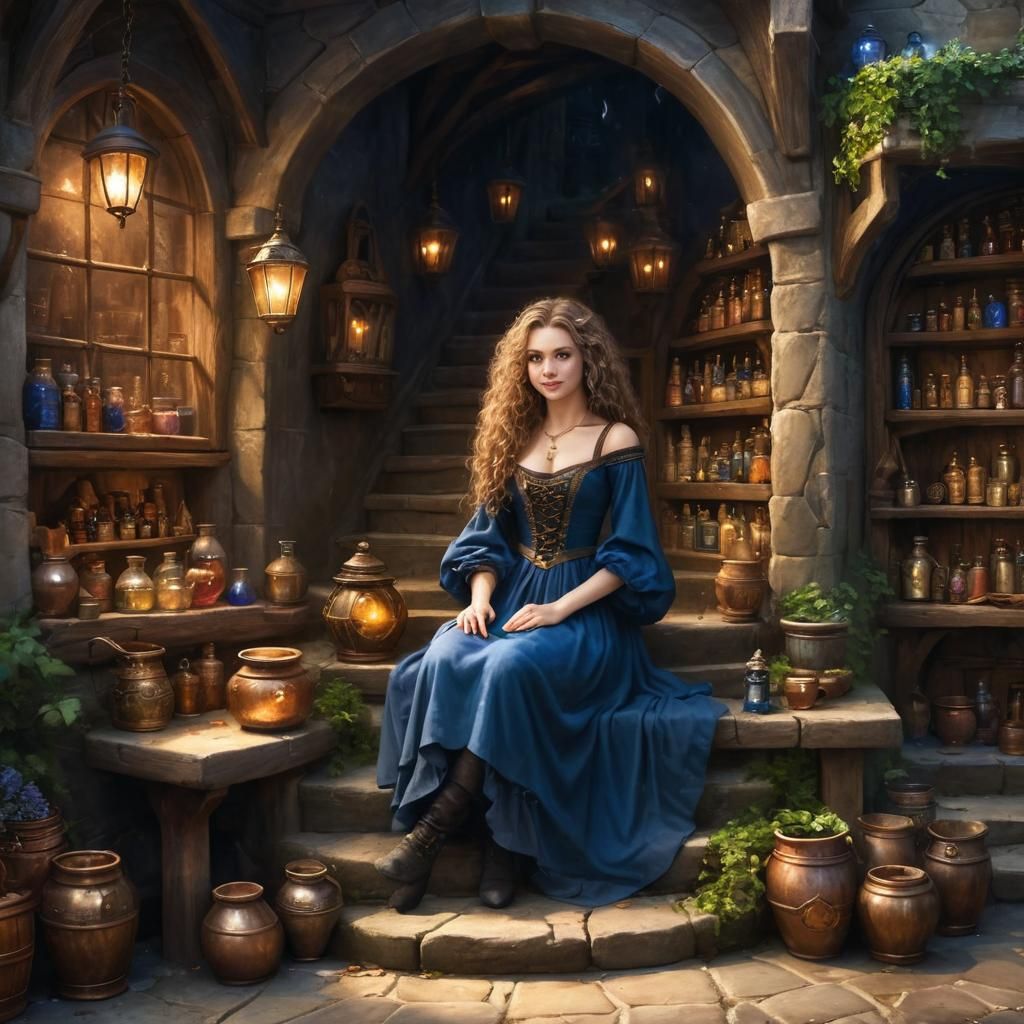 There’s a magical/ fantasy themed interior of a Magical fantasy potion store incorporating magic.