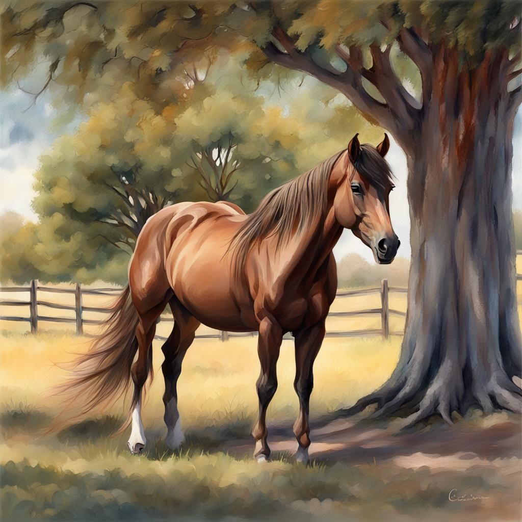 Pony with Flowing Mane in Gouache Style