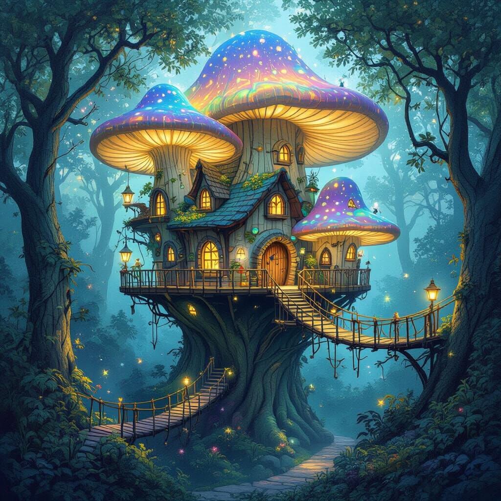 Enchanted Mushroom Village with Bioluminescent Lights
