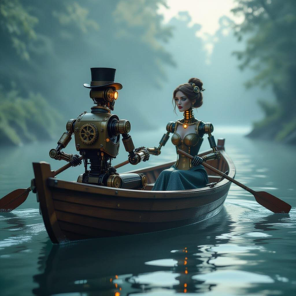 Steampunk Automata Rowing Boat in Misty River