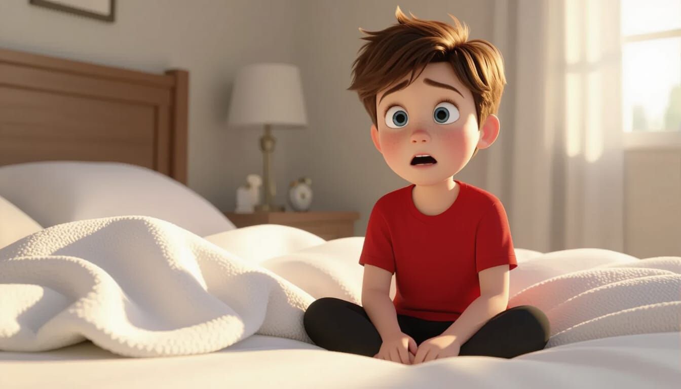 Shocked Boy Wakes Up Cozy in 3D Animation Style