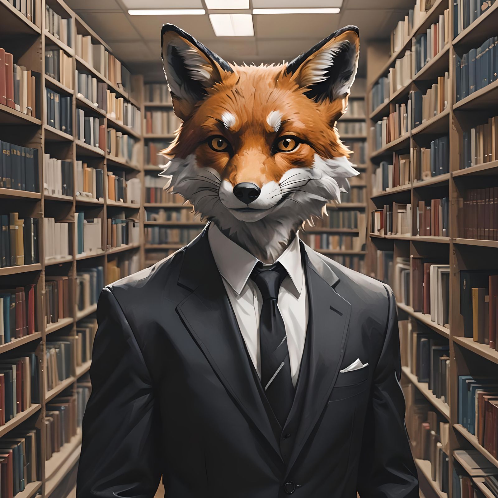 Anthro Fox Portrait in Library, Hyperdetailed Art