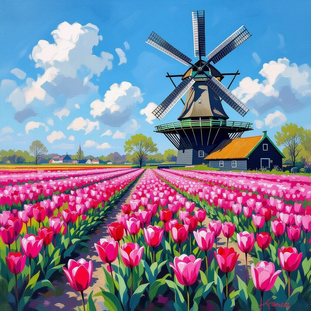 Pink Tulips and Windmill in Impressionist Style
