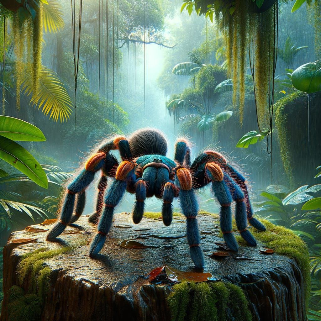 Hyperrealistic Tarantula Portrait in Tropical Rainforest