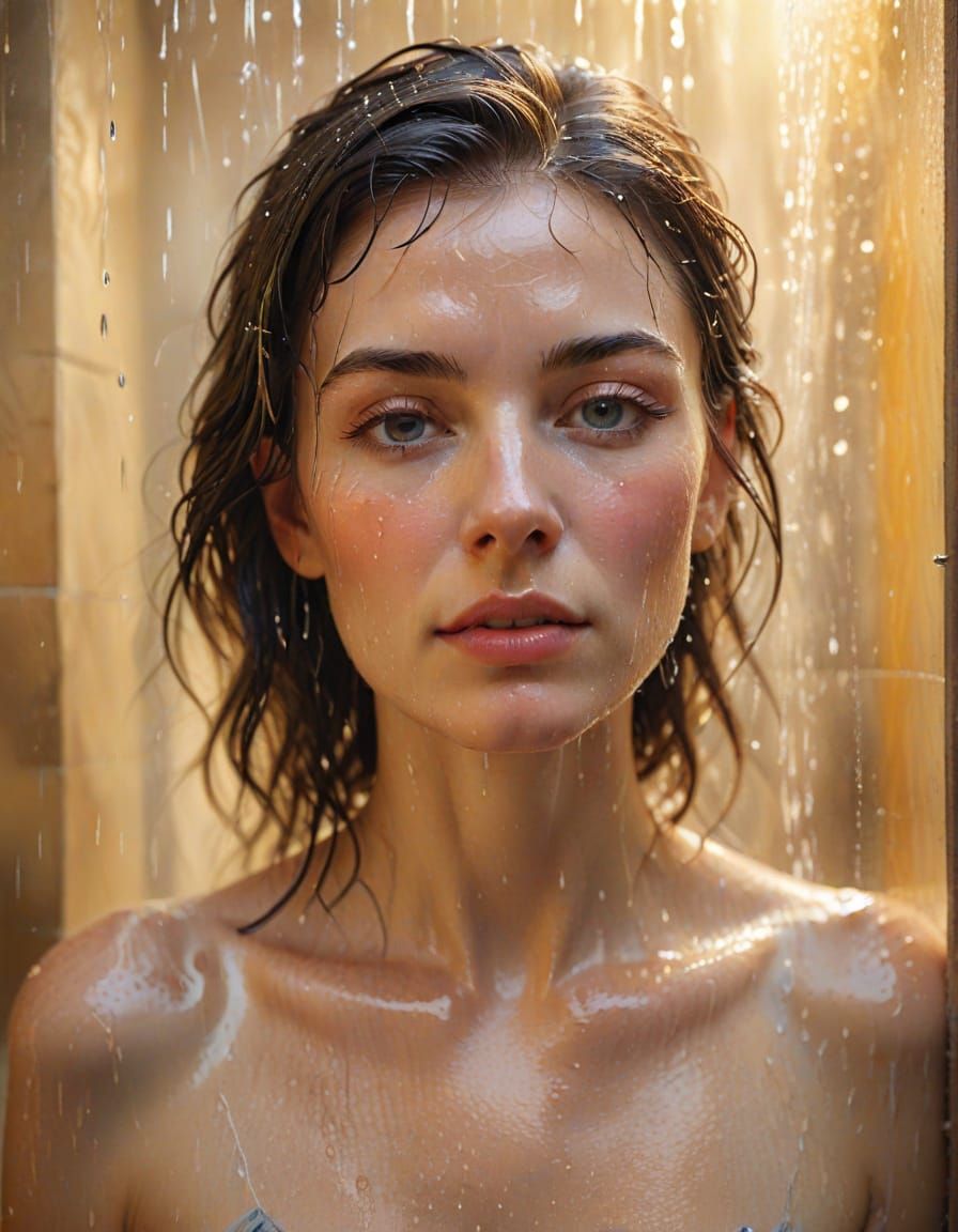 Sensual Feline Woman in a Soft Focus Shower Scene