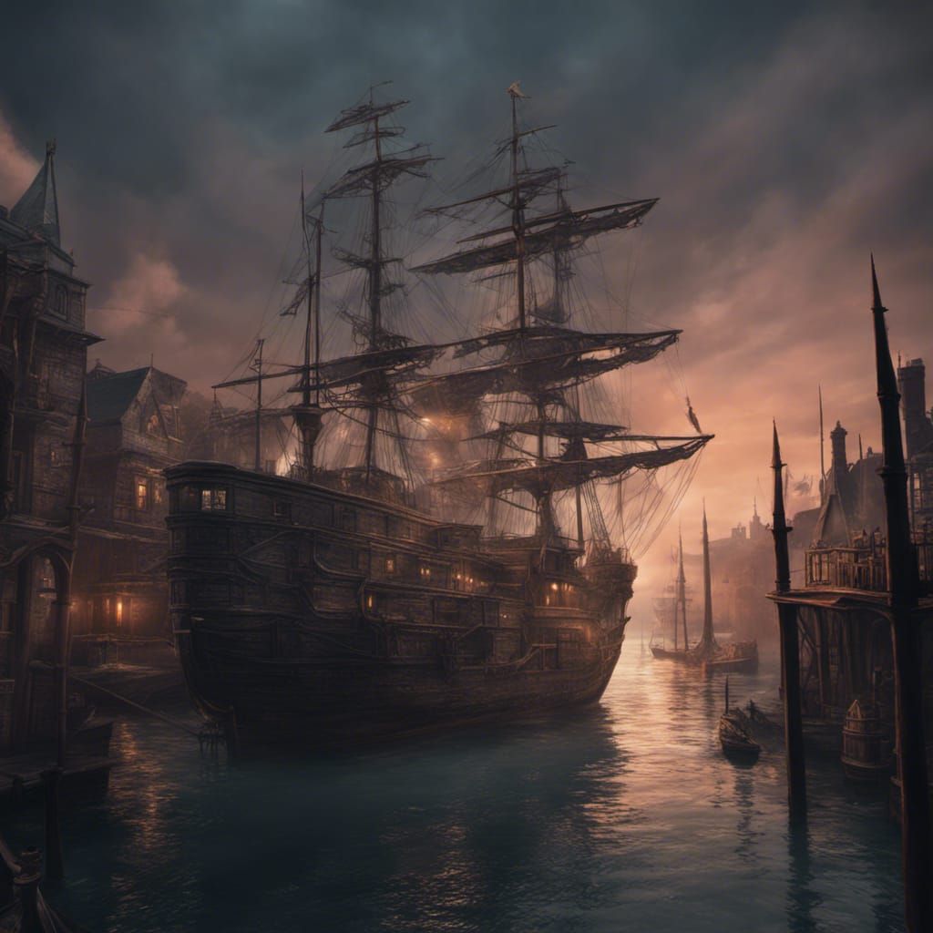 Victorian Ghost Ship Yard in Detailed Matte Painting Style