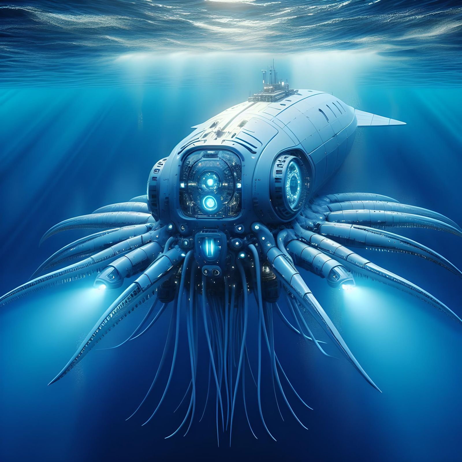 A futuristic submarine shaped like a giant squid.