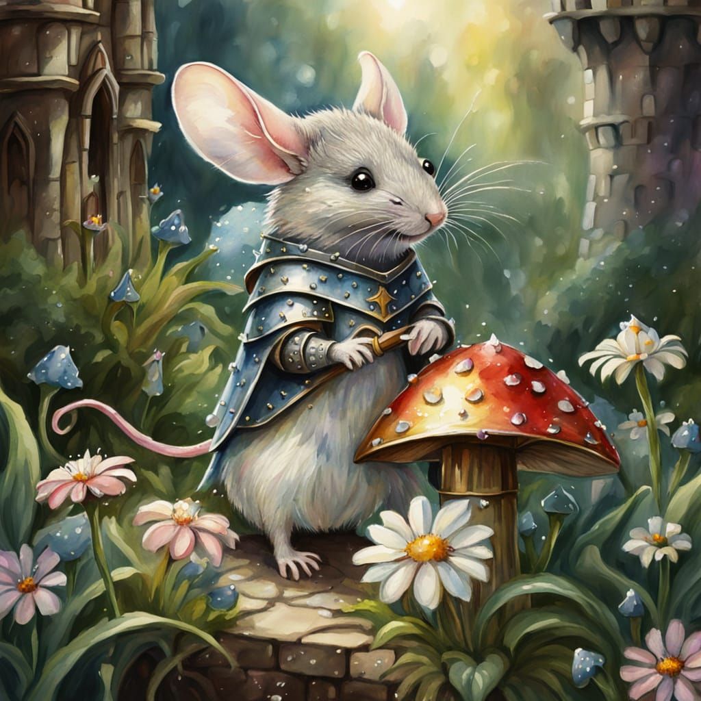Mouse Knight Guards Flower Castle in Watercolor