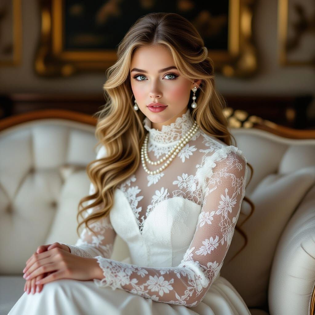 Innocent Young Woman in Lace Dress with Pearls
