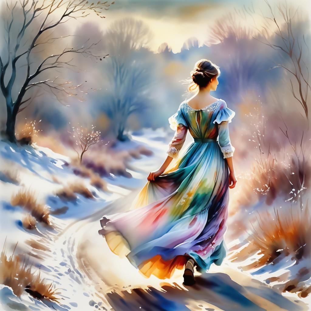 Impressionistic Watercolor: Woman's Journey into Winter