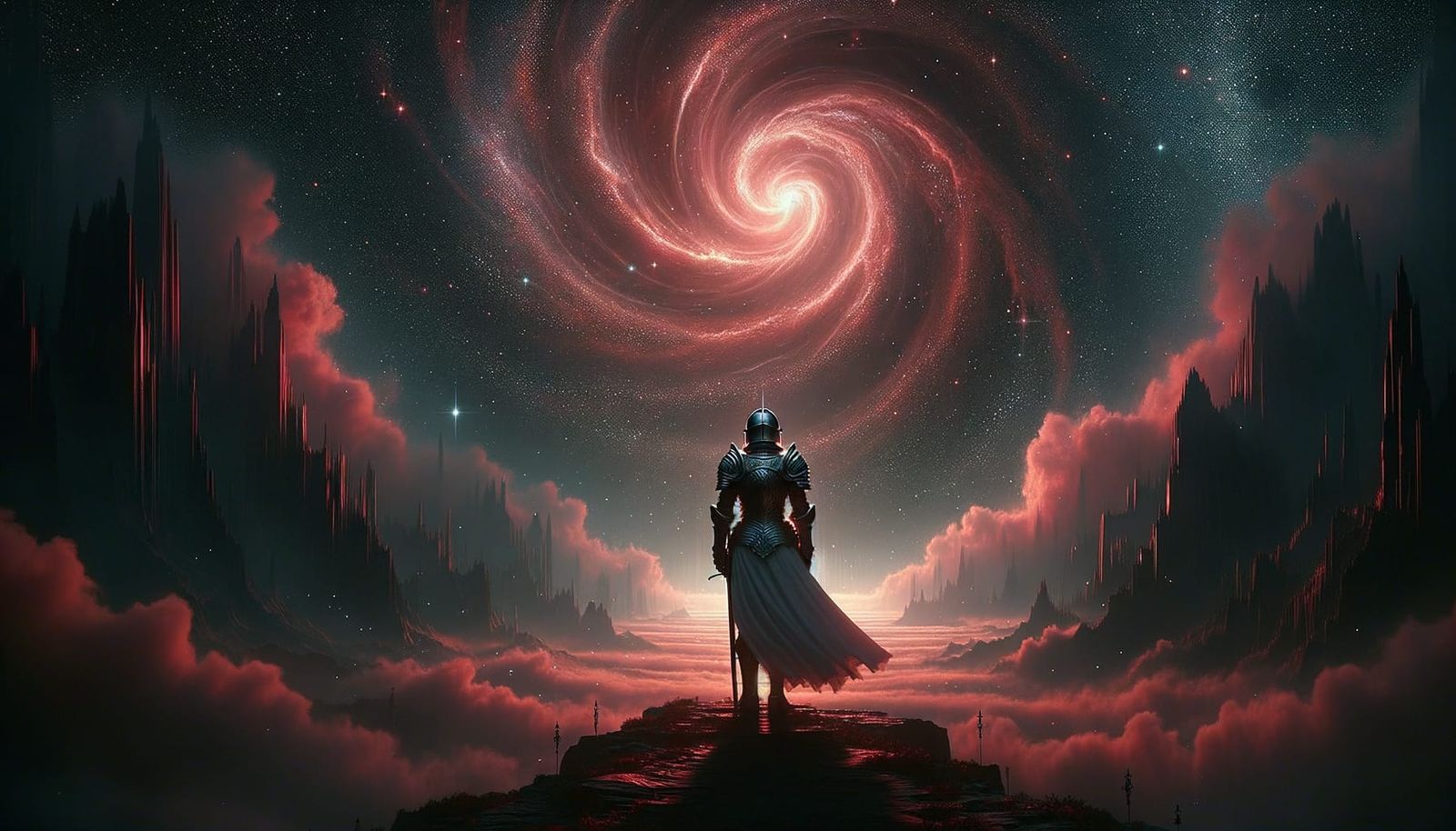 Redhead Knight Gazes at Swirling Nebula on Precipice