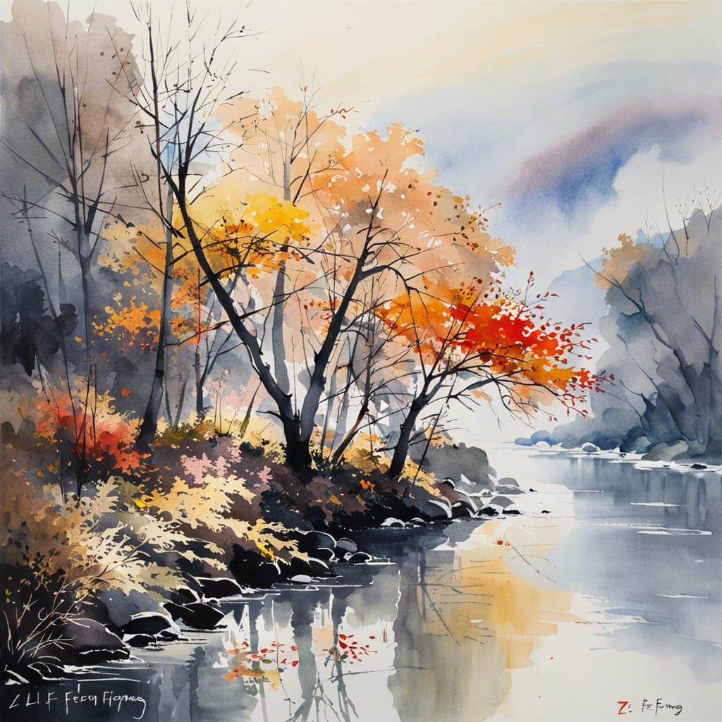 Watercolor River Scene in Morning Mist