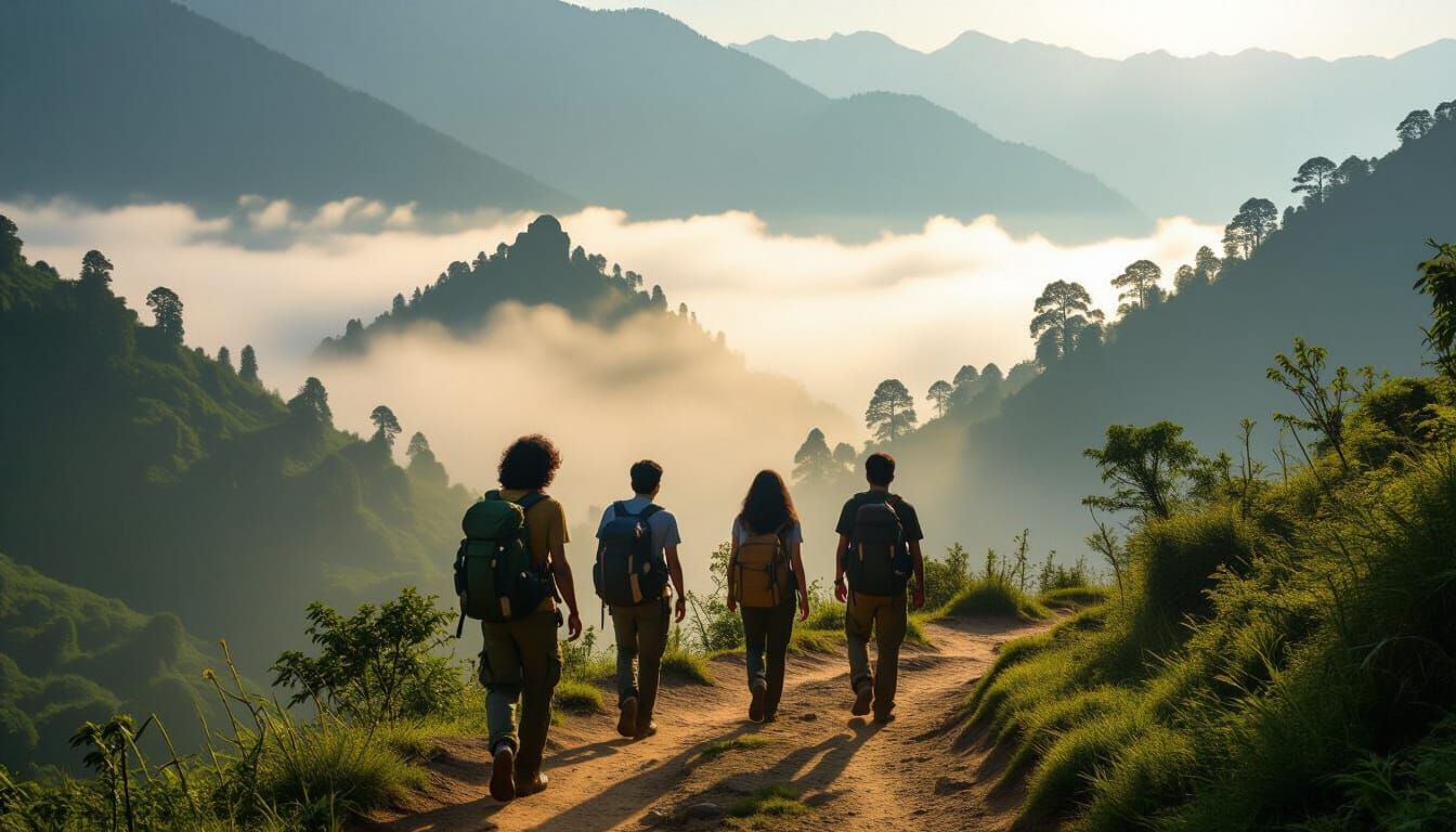 Indian Trekkers Hike Lush Green Hills of Uttarakhand