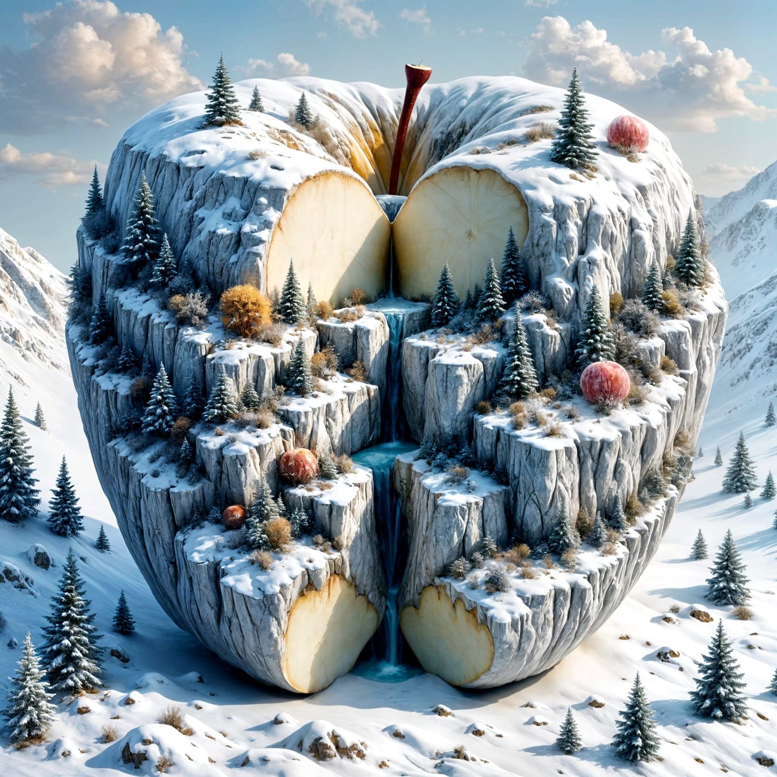 Surreal Winter Oasis within a Glowing Apple