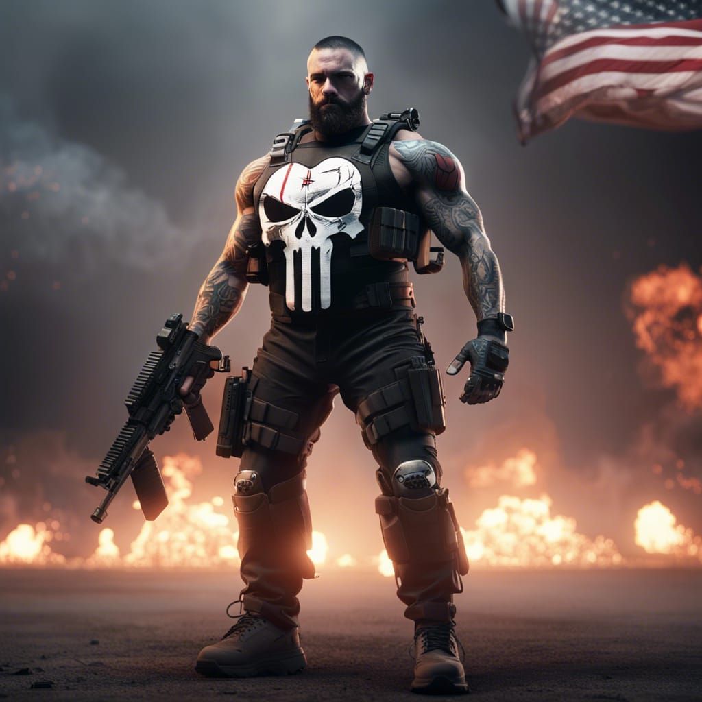 Futuristic Punisher with American Flag, Sci-Fi Art
