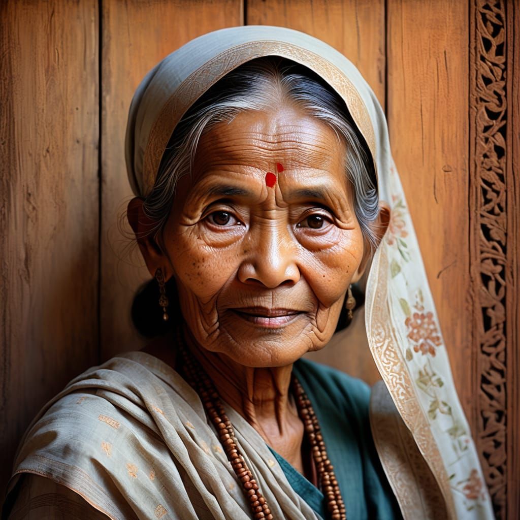 Warm Portrait of a Wise Malay Lady with Silver Hair and Deep...