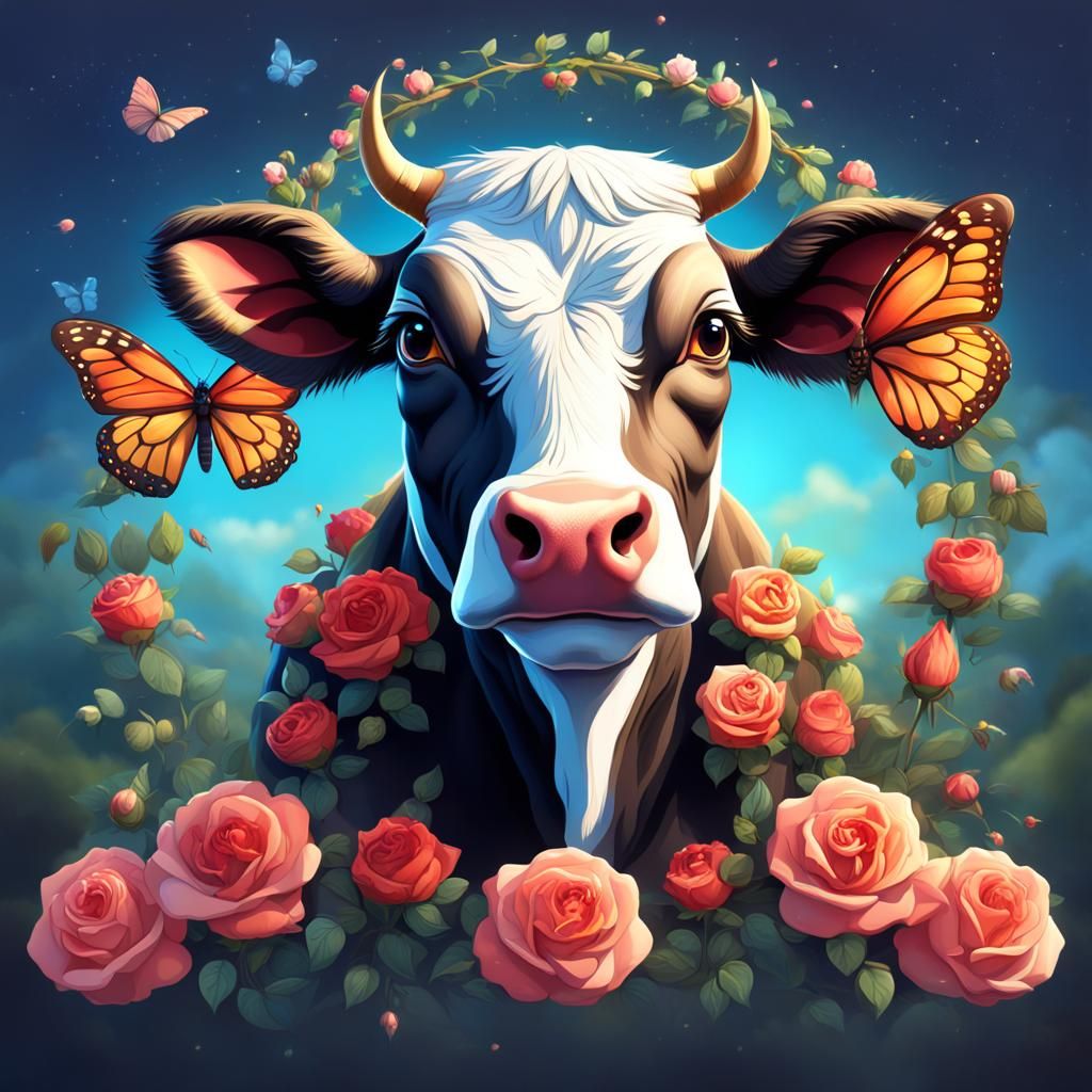 Cow with Rose Crown and Butterfly Wings