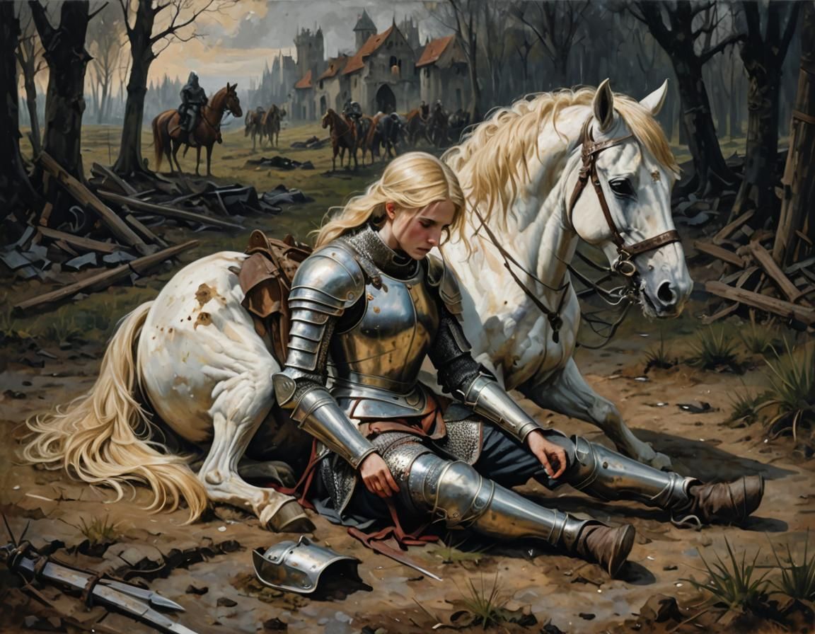 Medieval Knight Comforts Wounded Horse: Tenebrism Oil Painti...