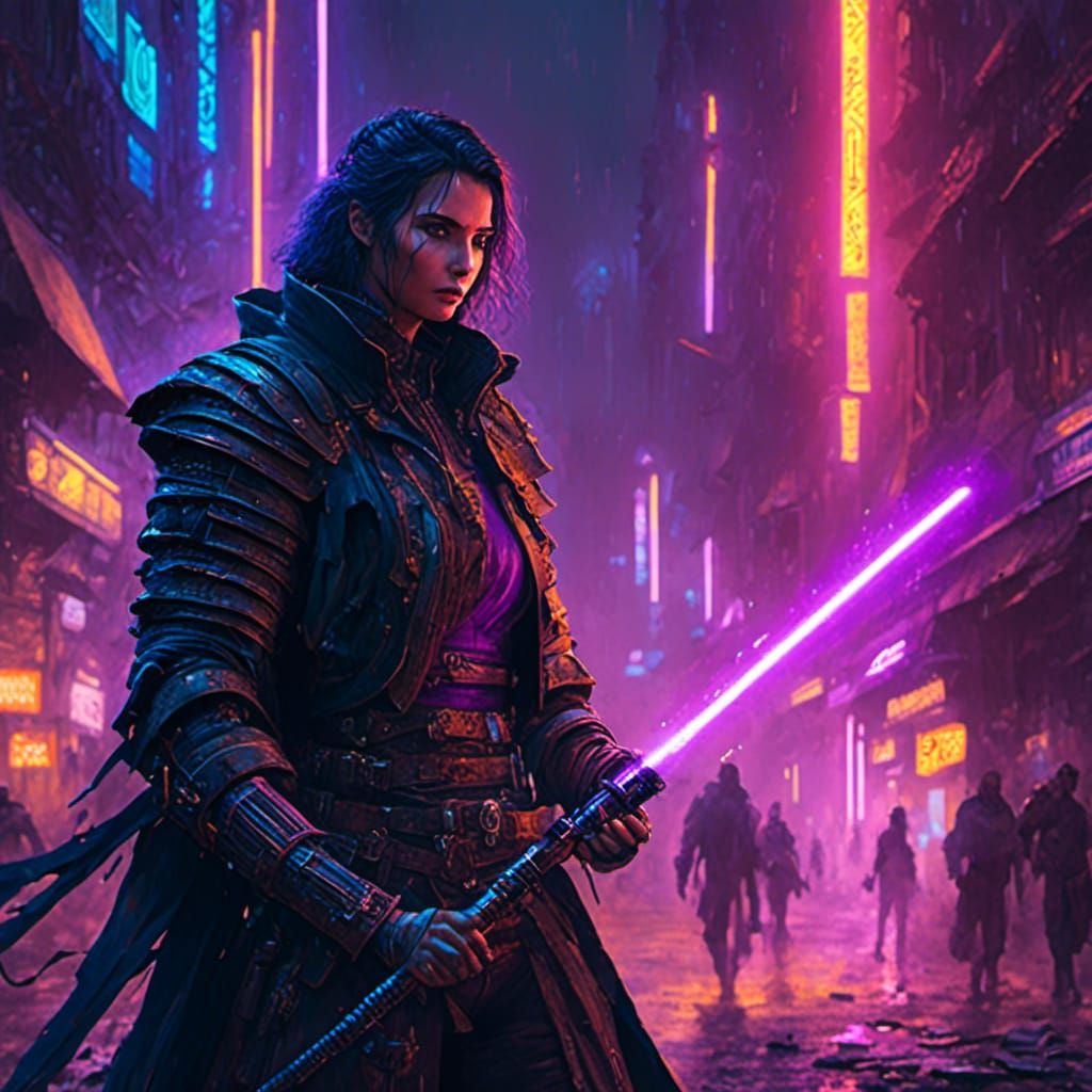 Cyberpunk Knight with Lightsaber in Ruined City