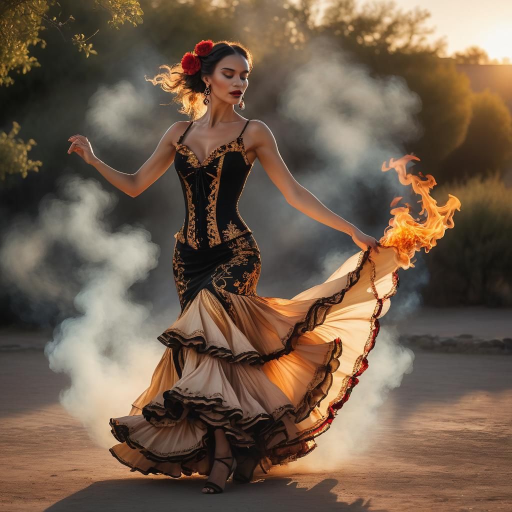 Flamenco Dancer at Sunset in Cell-Shaded Style