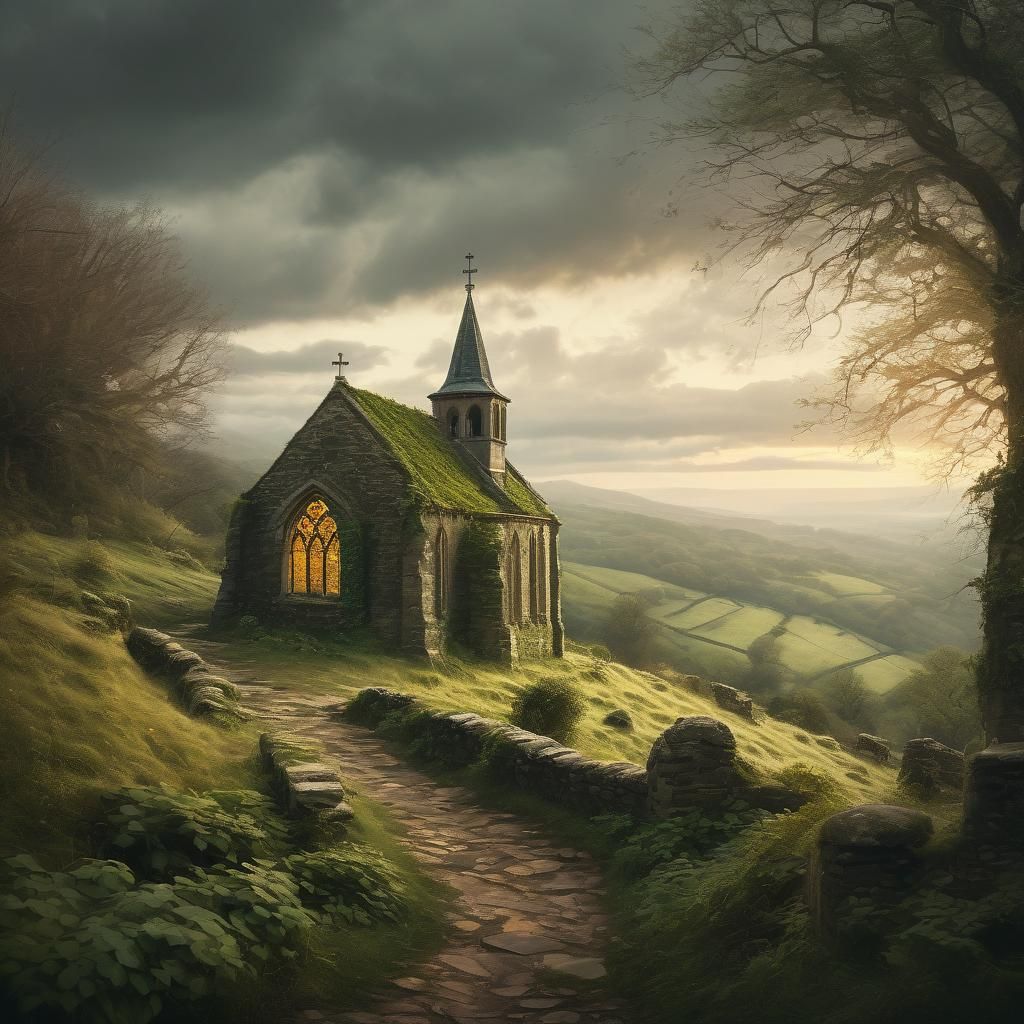 Ethereal Landscape: Chapel on a Hill in Golden Hour