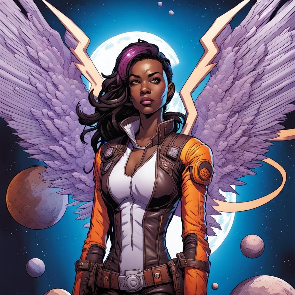 Comic Book Angel with Electric Wings in Space