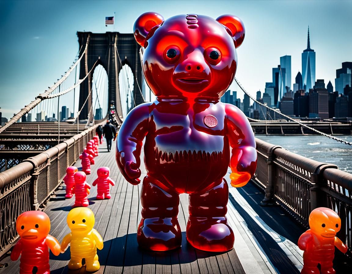 Giant Jelly Baby Invasion on Brooklyn Bridge