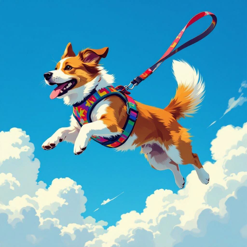 Dog Acrobat in a Vibrant Sky, Digital Art