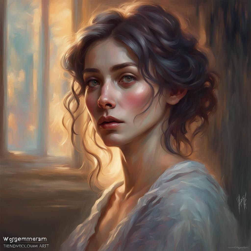 Melancholy Woman in Impressionistic Oil Painting Style