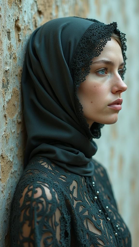 Melancholic Woman Dissolving into Byzantine Digital Realm