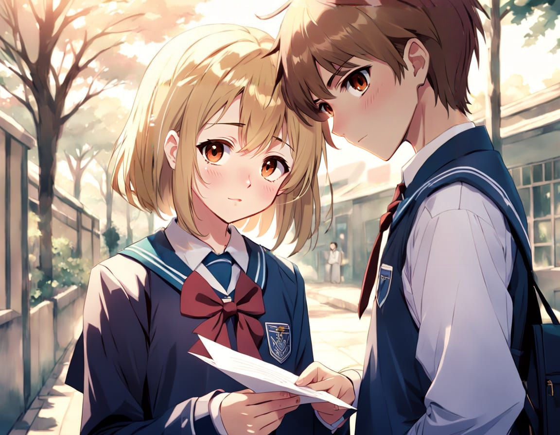 Teen Boy Gives Love Letter to Girl in School Uniforms in a V...