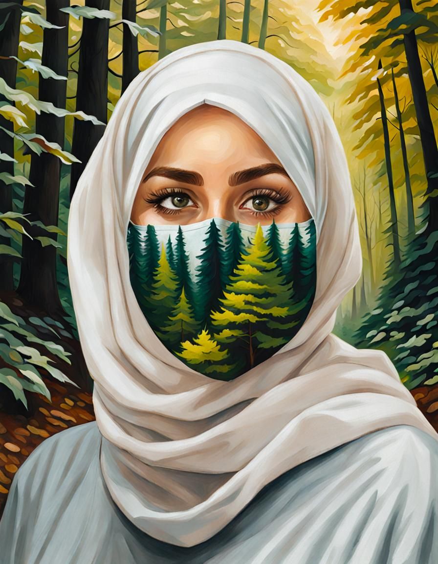 Woman with Hijab and Facemask in Forest