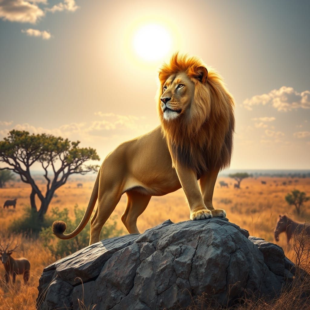 Regal Lion Surveying Savannah Kingdom in Hyper Realistic Det...
