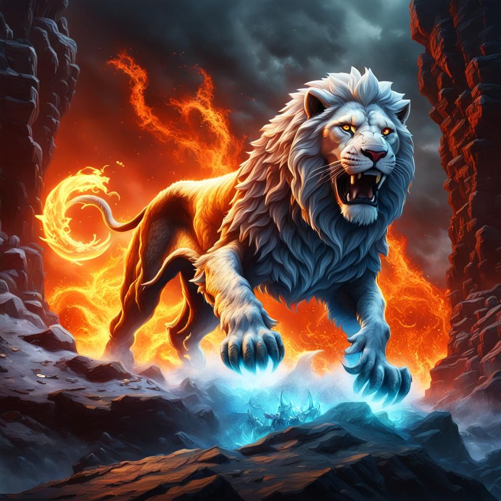 Ice Lion Leaps into Fire Pit: Fantasy Concept Art