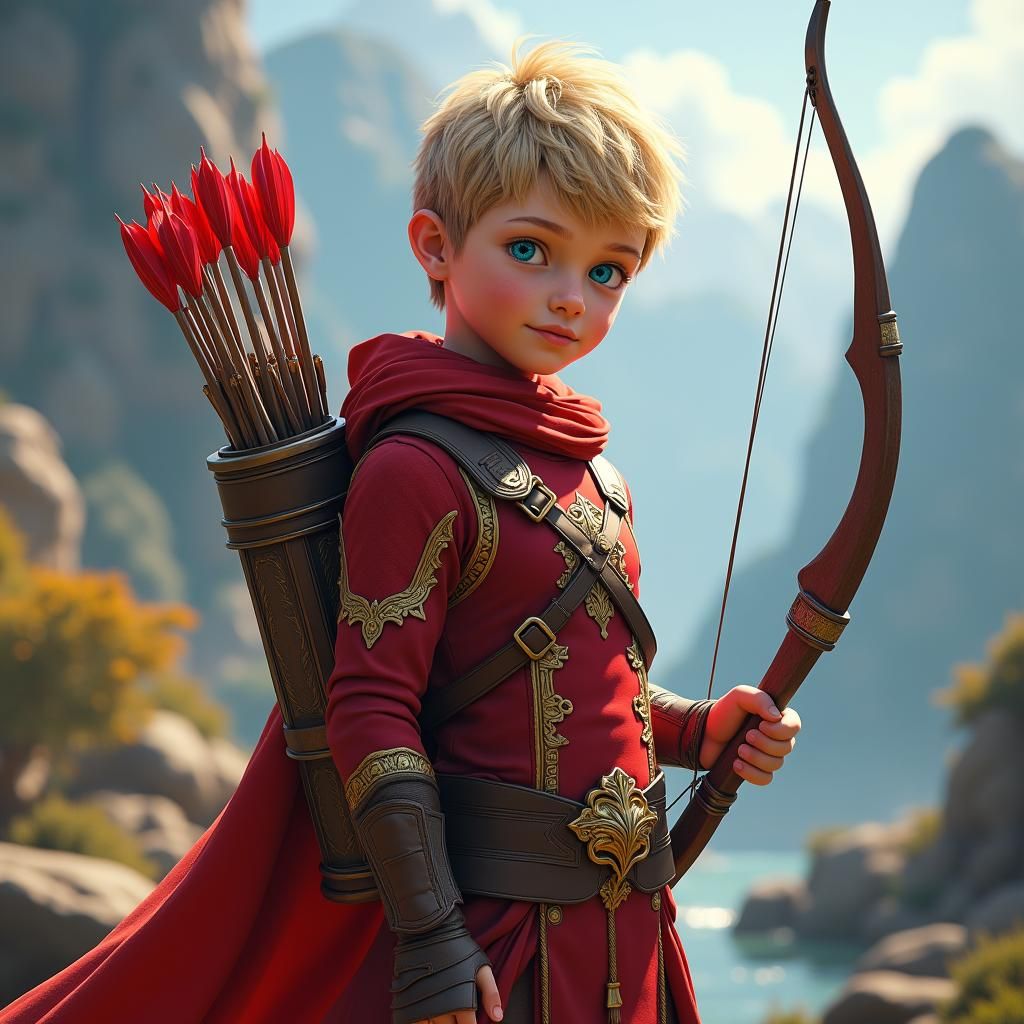Boy Hero with Bow in Dreamlike Setting