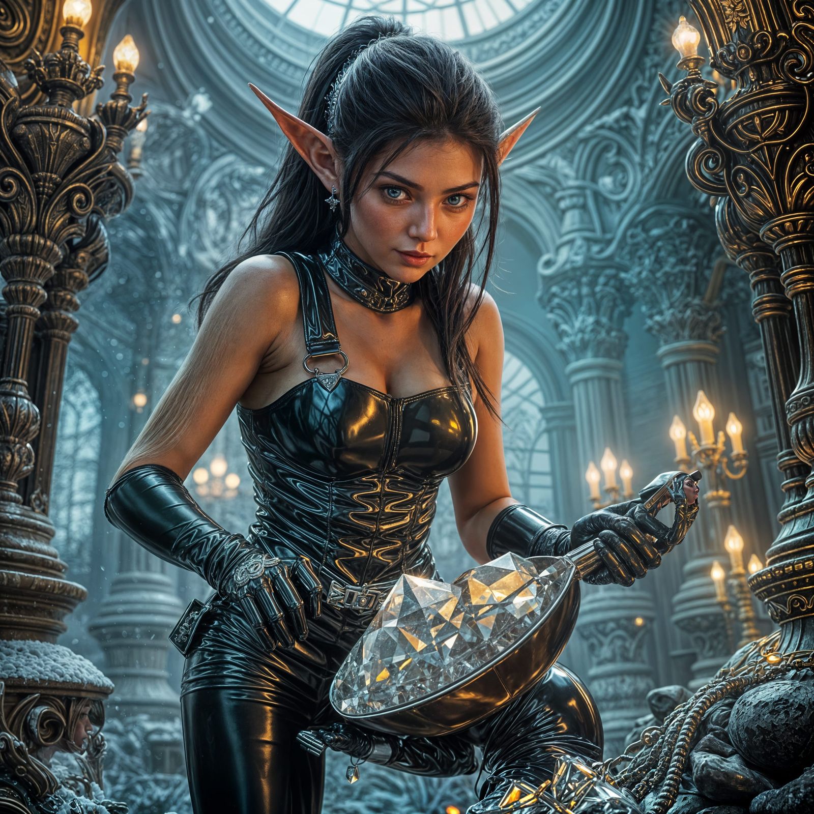 Hyperrealistic Elf Woman Shoveling Diamonds in Latex