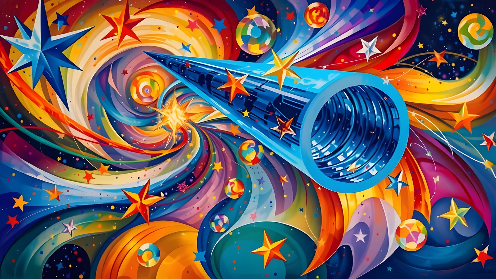 Metallic Cylinder Reflects Impasto Cosmos in Surreal Style