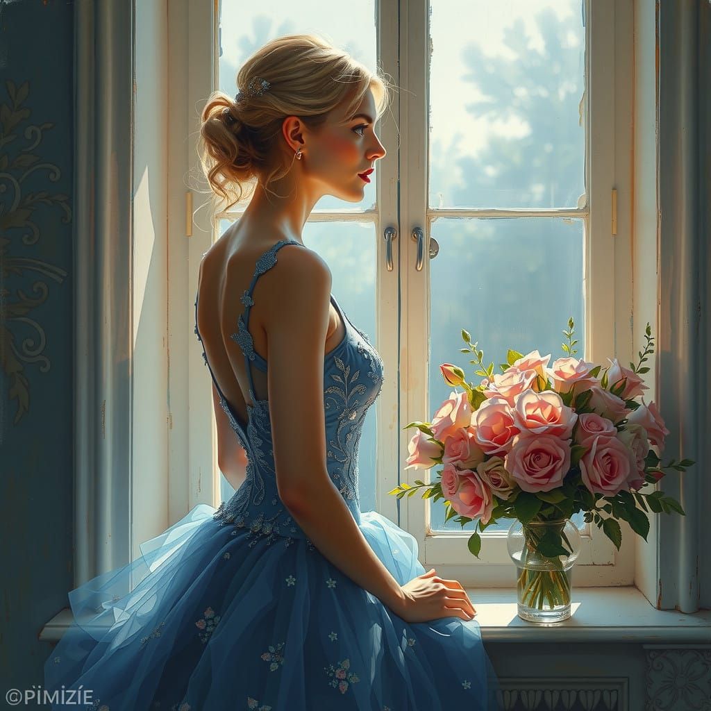 Elegant Blonde Woman in Soft Light, Airbrushed Oil Painting