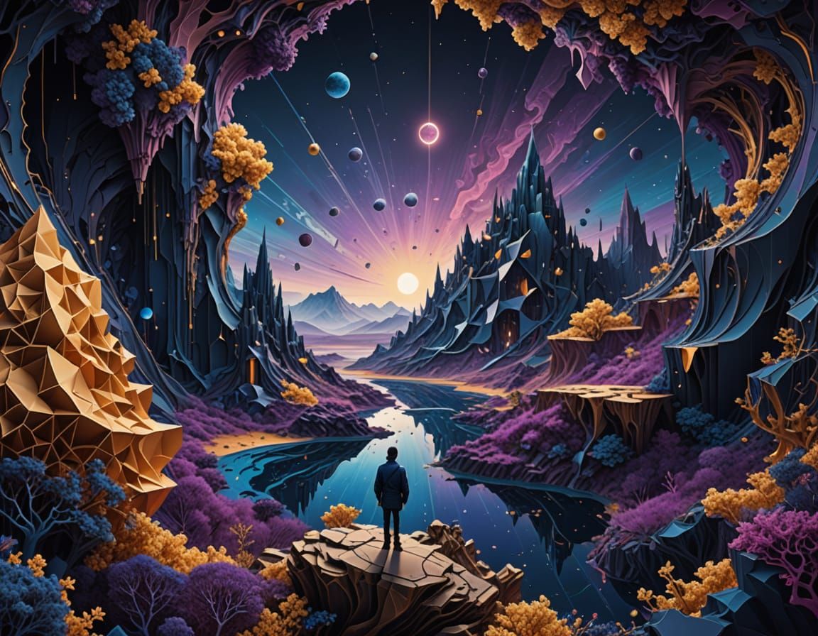 Abstract Geometric Dreamscape with Lone Figure